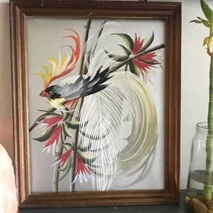 Vintage Mid Century Acrylic Bird Painting & Frame